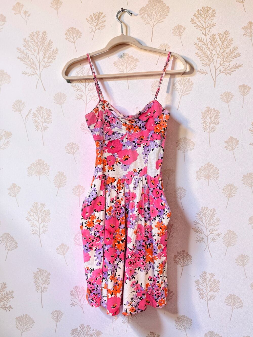 Aeropostale Floral Sundress Womens Medium Pink Smocked Bustier Fit Flare Pockets